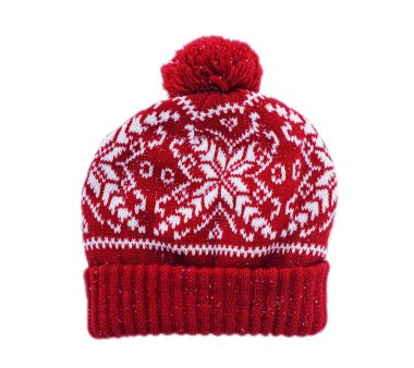 Rüzgârla oluşan kar yığını zemin yüzeyinde pek çok kar taneleri ile kırmızı örgü şapka. kış sezonu. 