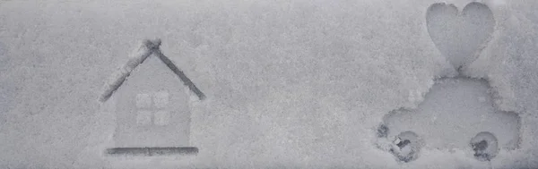 Печать Дома Сердца Машины Белой Текстуре Снега Зимнее Время — стоковое фото