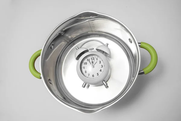 New Saucepan Red Alarm Clock Bottom — Stock Photo, Image