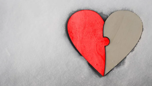 One Wooden Heart Two Pieces Puzzles White Snow Background Empty — Stock Photo, Image