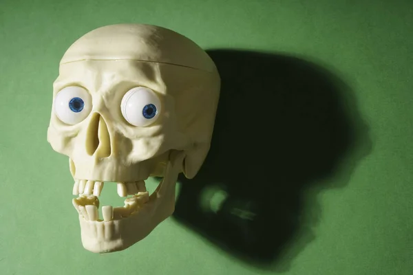 緑の背景の目で人間の頭蓋骨 — ストック写真