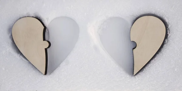 Two Hearts Snow One Part Puzzles Piece White Snow Background — Stock Photo, Image