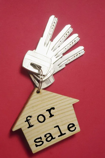 Bunch of keys with wooden key chain in the form of house   on a red table background. for rent - inscription.