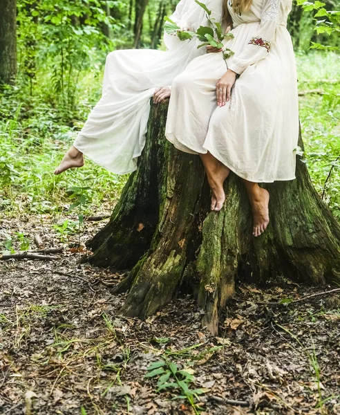 Δύο Νεαρές Γυναίκες Κάθονται Ένα Κούτσουρο Στο Φόντο Του Δάσους — Φωτογραφία Αρχείου