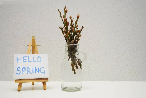 Bonjour Carte Printemps Sur Chevalet Bois Bouteille Verre Avec Des — Photo