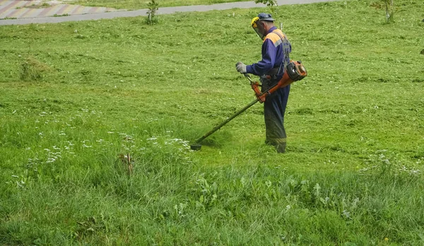 Çimleri biçen bir bahçe işçisi. Çimenlikte çalışan general üniformalı adam.. 
