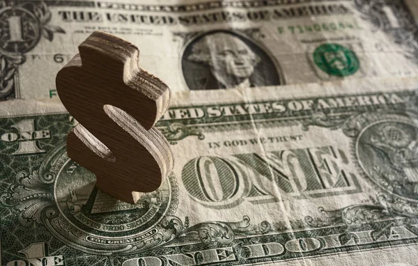 Dřevěný Dolar Znak Symbol Stojí Pozadí Dolar Bankovky — Stock fotografie