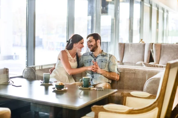 Romantic Young Adult Couple Drinking Coffee Eating Biscuits — Stock Photo, Image