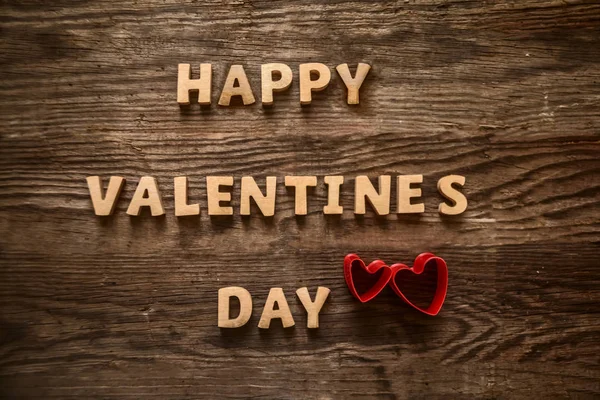 Two Red Hearts Rustic Wooden Table Happy Valentines Day Inscription — Stock Photo, Image