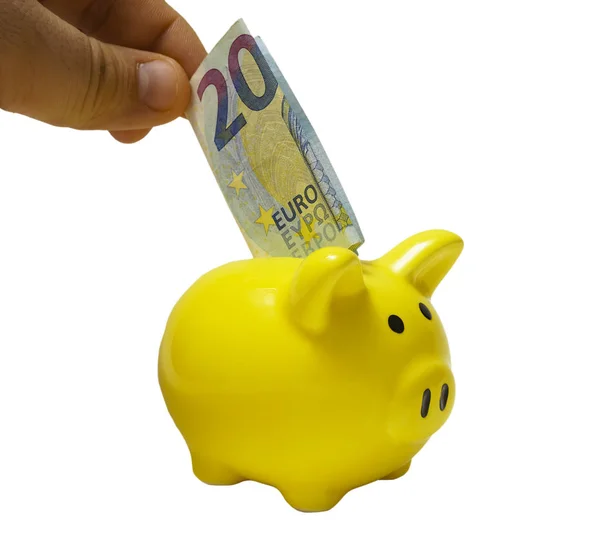 Banconota Venti Euro Piegata Che Spunta Dal Salvadanaio Giallo — Foto Stock