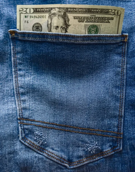 Tjugo Dollar Fickan Blå Jeans Sedel Räkning — Stockfoto