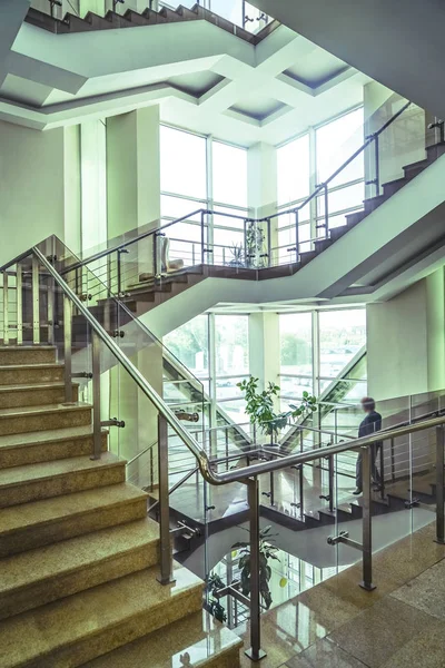 Stone Stairs Modern Interior Glass Railings Low Angle View Stairs — Stock Photo, Image