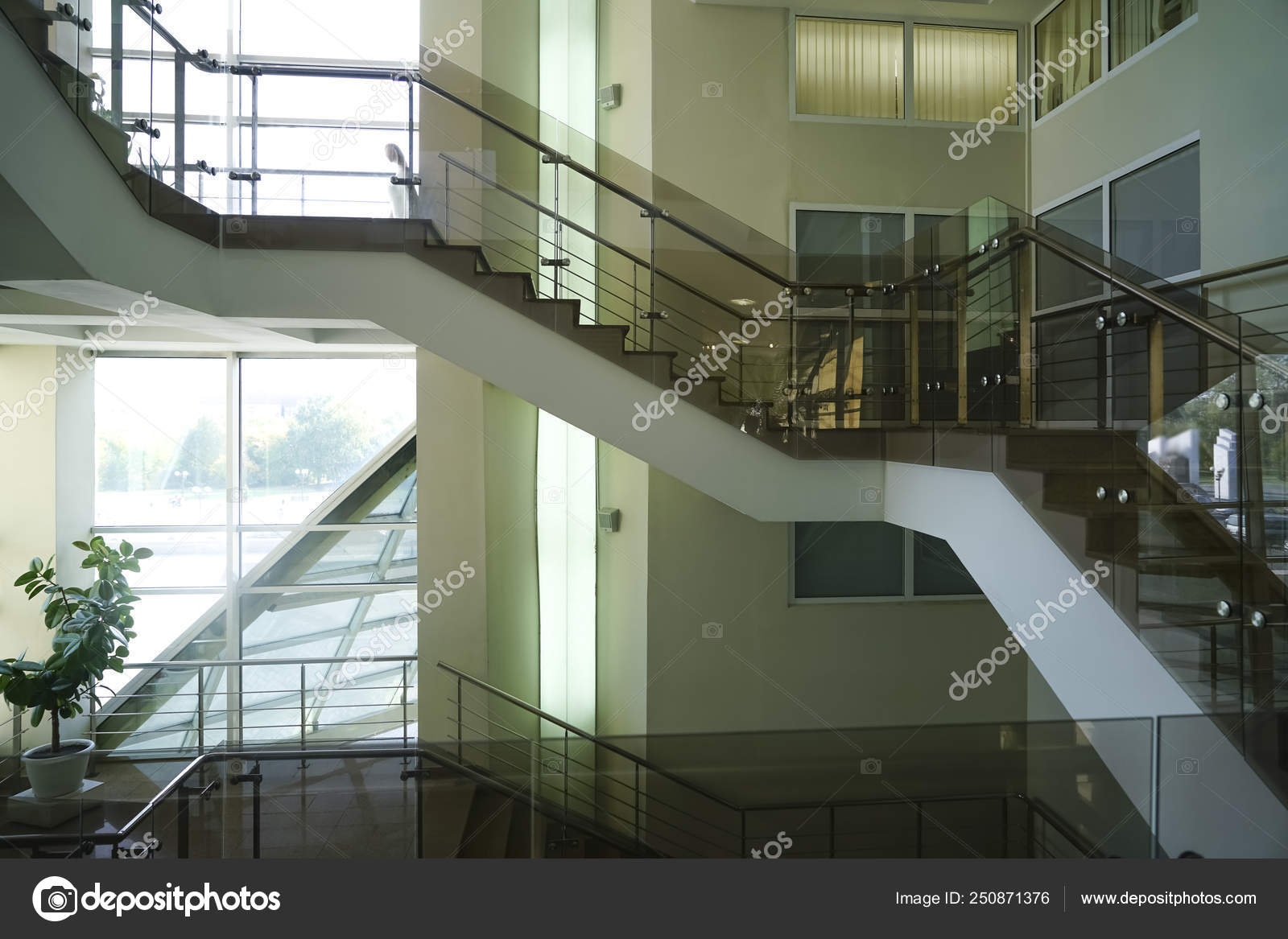 Stone Stairs Modern Interior Glass Railings Low Angle View