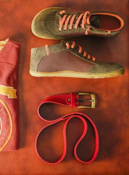 Flat Lay Composition Brown Sweater Shoes Red Belt Leather Background — Stock Photo, Image