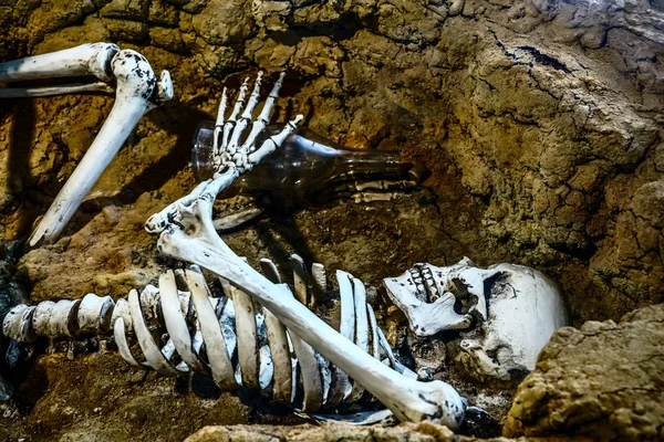 Menschlicher Schädel Und Knochen Grab Gespenstisches Skelett Mit Leerer Wodkaflasche — Stockfoto