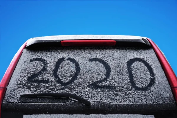 Sneeuw Auto Waar Het Nummer Geschreven 2020 Close Achterruit Van — Stockfoto