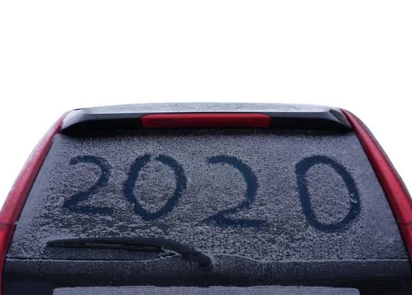 Snö Bilen Där Antalet Skriftliga 2020 Närbild Bakrutan Bilen 2020 — Stockfoto