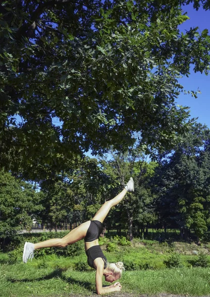 Sport woman doing handstand yoga exercise standing on her forearms with straight legs path in the park view.