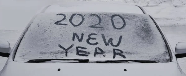 Winter Inscription 2020 New Year Background Text Snow Surface Merry — Stock Photo, Image