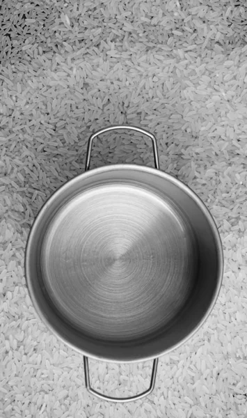 Empty New Wok Pan Dry White Rice Background — Stock Photo, Image