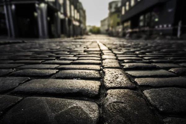 Black Cobbled Stone Road Background Reflection Light Seen Road Black — Stock Photo, Image