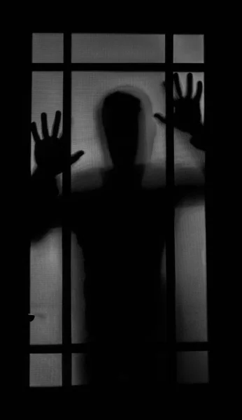Sombra Pessoa Vidro Fosco Fundo Conceito Violência Sombra Homem Horror — Fotografia de Stock