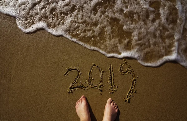 Barefoot Feet Beach Happy New Year 2019 Number Written Sand — стоковое фото