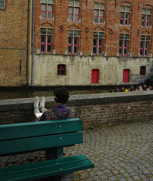 Young Man Sitting Stairs Square City Writing Text Listening Music — Stock Photo, Image