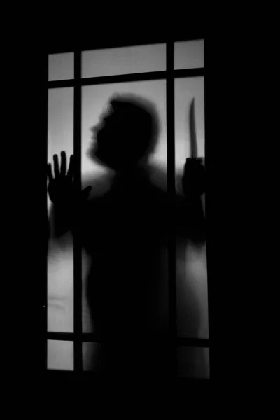 Person Shadow Frosted Glass Violence Concept Background Shadow Horror Man — Stock Photo, Image