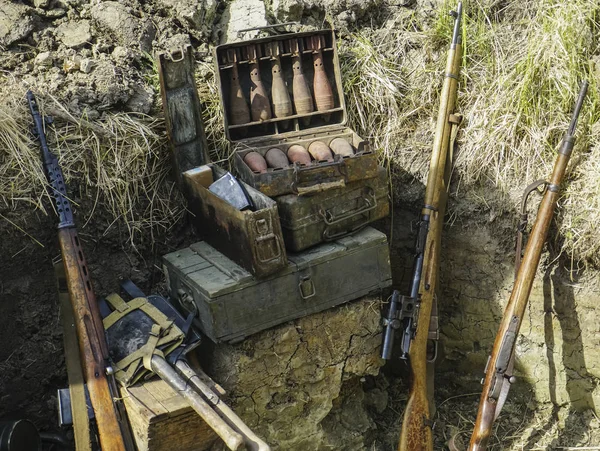 Rusty mortar shells in the metal box. mortar mine. Weapon of war in Ukraine