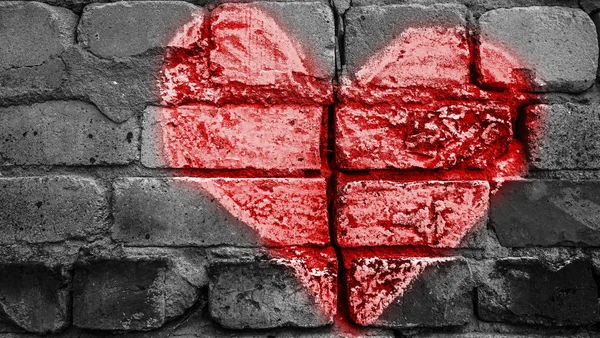 Broken Brick Wall Chalk Drawing Red Heart Divorce Treachery Concept — Stock Photo, Image