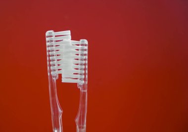 kırmızı arka plan üzerinde iki şeffaf diş fırçası. flört ve öpücük çift kavramı. seks fikri