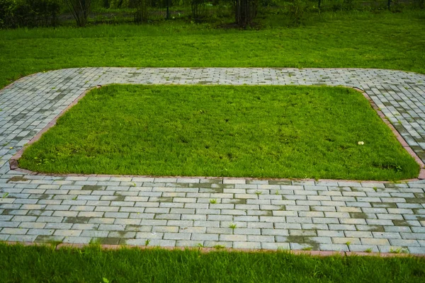 Het Stenen Blok Lopen Pad Het Park Met Groene Gras — Stockfoto