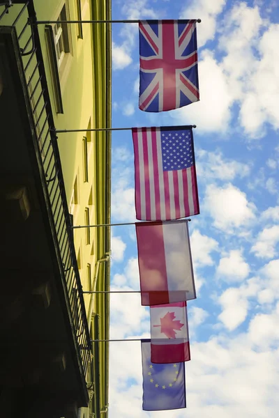 European National Flags Hangt Blue Sky White Clouds — ஸ்டாக் புகைப்படம்