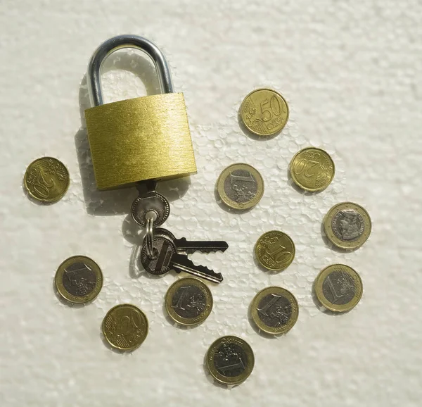 locked money concept.  coins, keys and lock isolated on white background. Top view.