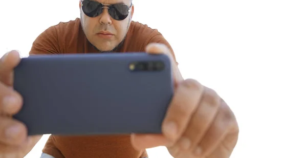 Close Portrait Serious Man Taking Selfie Beach Isolated White Background — Stock Photo, Image