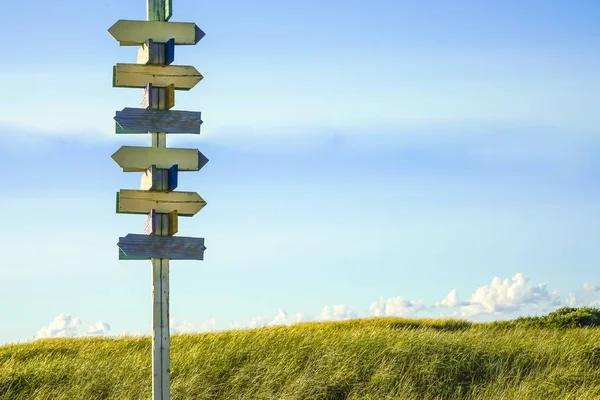 Wooden Signposts under Blue Sky and in Front of Summer Meadow.