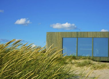 plaj arka planda büyük pencereler ile dikdörtgen ahşap ev. Yeşil çim arka plan karşı Baltık denizinde Ahşap kabin.
