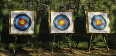 shooting range. three targets for practicing archery outdoors with bullet holes in the shooting clipart