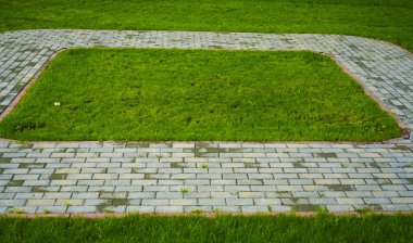 Taş blok yeşil çim arka plan ile parkta yürüyüş yolu. perspektif olarak parkta kare Pathway. Taş kaldırım dokusu.