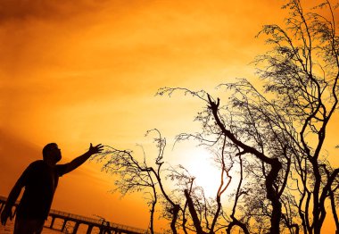 bir adamın karanlık silueti elini gökyüzüne doğru kaldırdı 