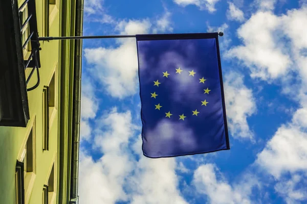 Flag European Union Waving Wind Flagpole Blue Sky Sunny Day — Stock Photo, Image