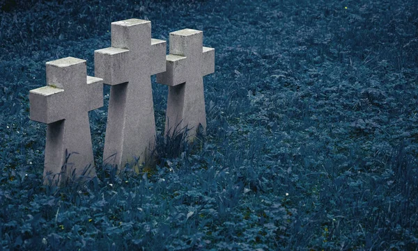 Drei Graue Granitkreuze Nebeneinander Zum Gedenken Die Toten Konzept Nahaufnahme — Stockfoto