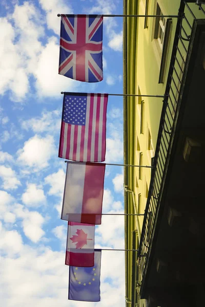 European National Flags Hangt Blue Sky White Clouds — ஸ்டாக் புகைப்படம்