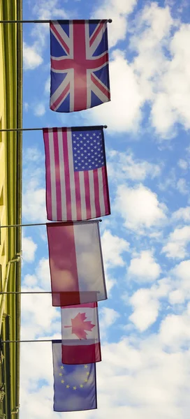 European National Flags Hangt Blue Sky White Clouds — ஸ்டாக் புகைப்படம்