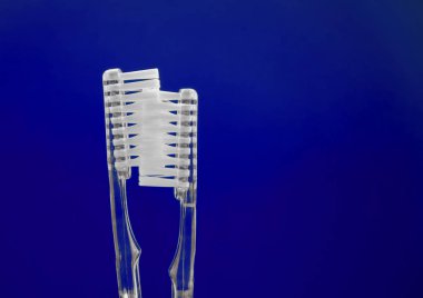 mavi arka plan üzerinde iki şeffaf diş fırçası. flört ve öpücük çift kavramı. seks fikri