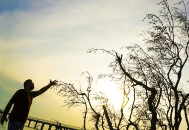 bir adamın karanlık silueti elini gökyüzüne doğru kaldırdı 