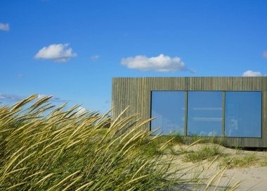 plaj arka planda büyük pencereler ile dikdörtgen ahşap ev. Yeşil çim arka plan karşı Baltık denizinde Ahşap kabin.