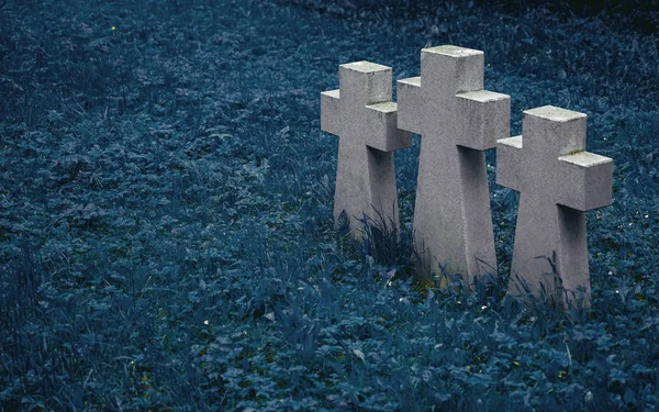 Three Gray Granite Crosses Side Side Memory Dead Concept Close — Stock Photo, Image