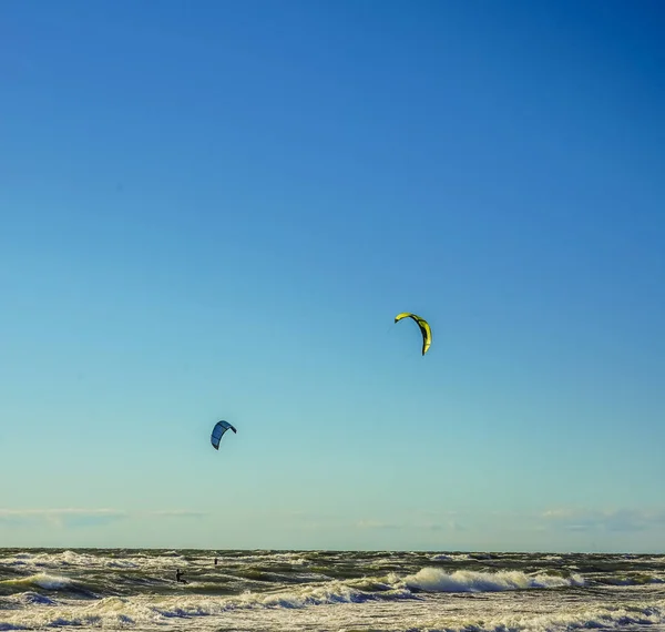 Surfers with kites against blue sky background.Two surfers on the beach at Baltic sea .2 kite surfers on sea backdrop.